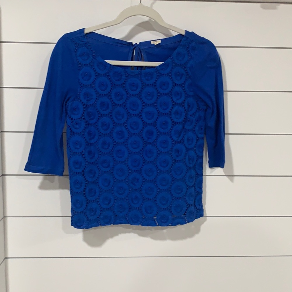 J. Crew 3/4 Sleeve Cobalt Blue Circle Eyelet Top. Size XXS